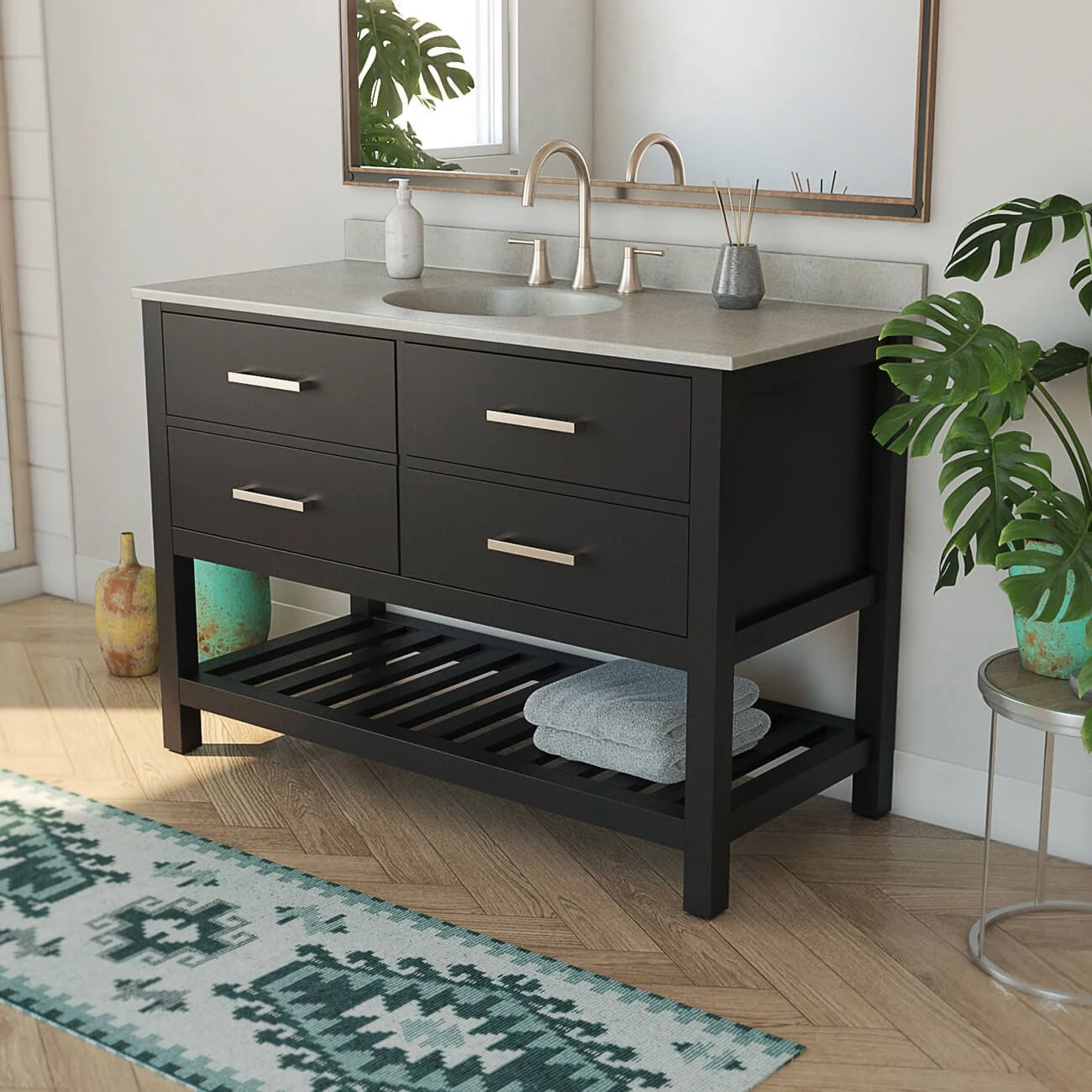 Everett 48 Inch Oak Console Vanity With Oval Integral Sink - Black - Image 6