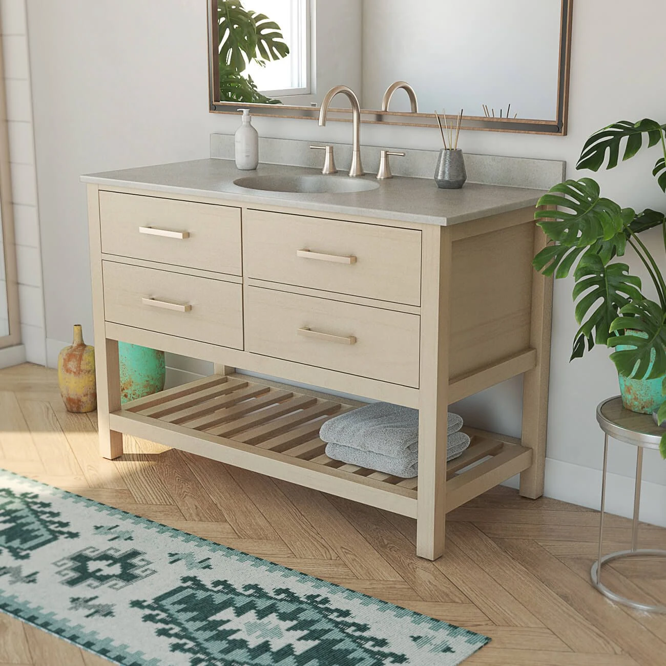 Everett 48 Inch Oak Console Vanity With Oval Integral Sink - Light Oak - Image 6