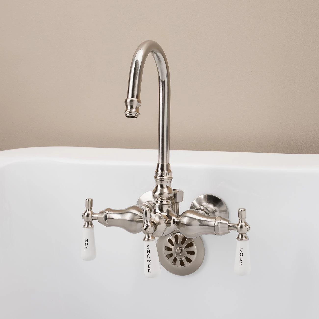 Clawfoot Tub Wall Mount Gooseneck Faucet With Porcelain Lever Handles For Riser Connection