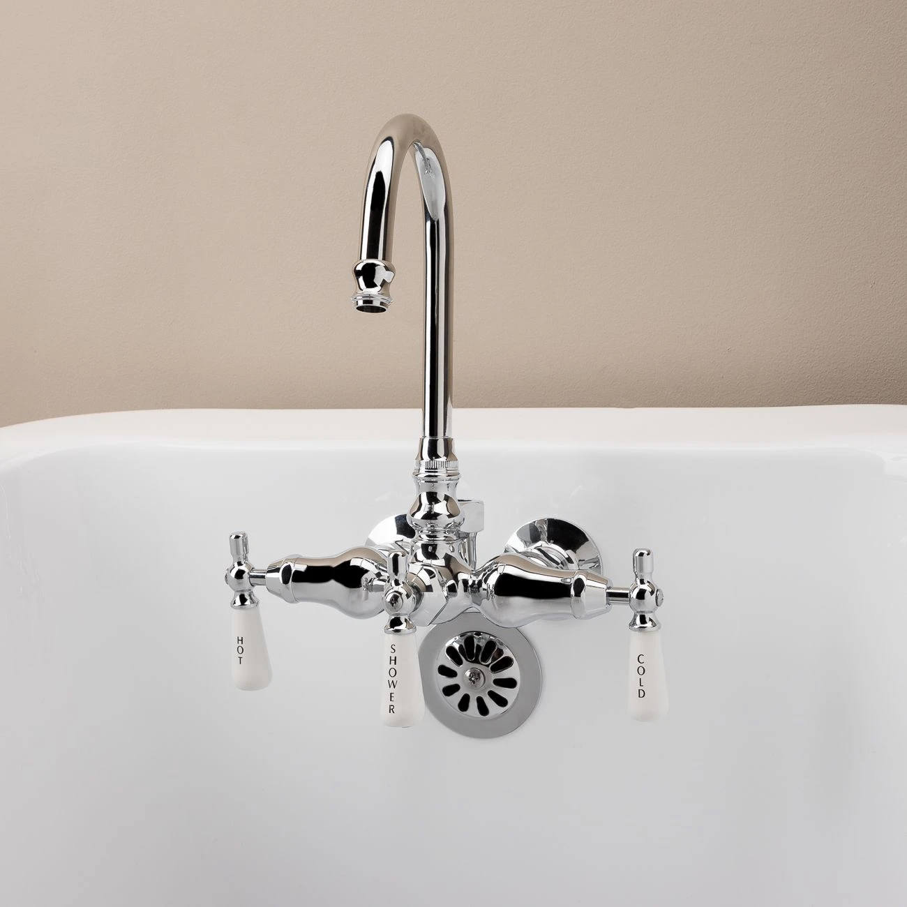 Clawfoot Tub Wall Mount Gooseneck Faucet With Porcelain Lever Handles For Riser Connection - Image 3