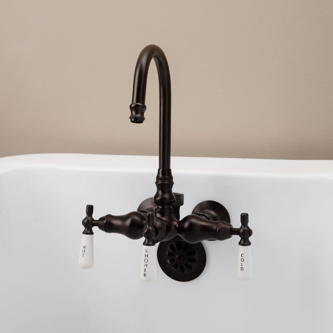 Clawfoot Tub Wall Mount Gooseneck Faucet With Porcelain Lever Handles For Riser Connection - Image 2