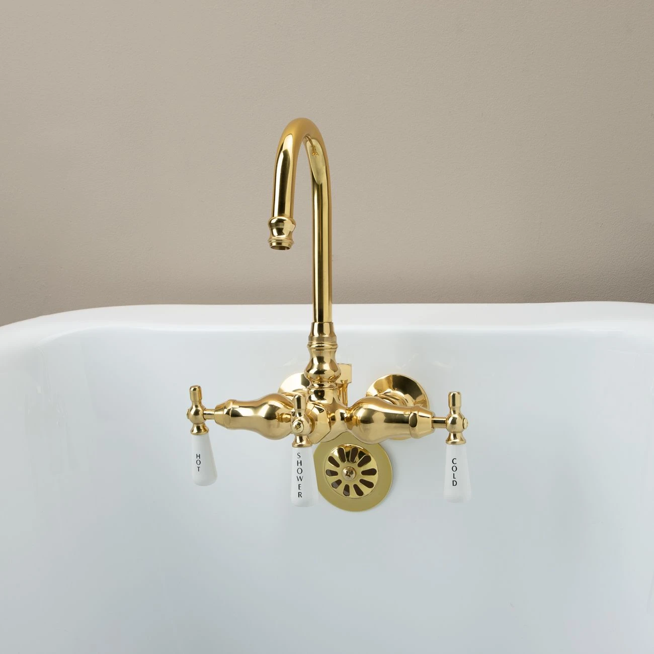 Clawfoot Tub Wall Mount Gooseneck Faucet With Porcelain Lever Handles For Riser Connection - Image 4