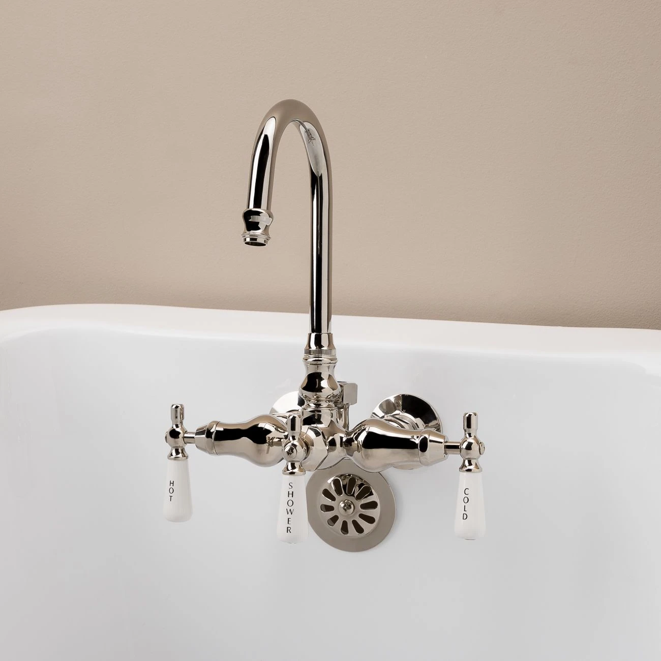 Clawfoot Tub Wall Mount Gooseneck Faucet With Porcelain Lever Handles For Riser Connection - Image 5