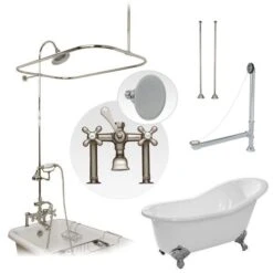 Adela 62 Inch Cast Iron Slipper Clawfoot Tub & Shower Package - White / Chrome Feet & Fixtures