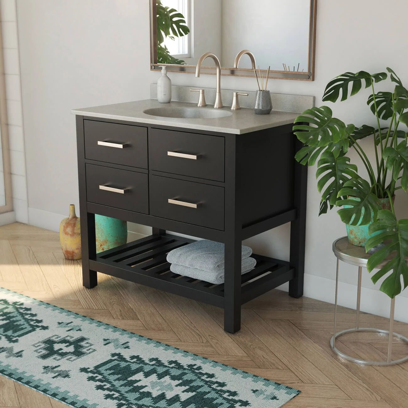 Everett 36 Inch Birch And Oak Console Vanity With Oval Integral Sink - Black - Image 6