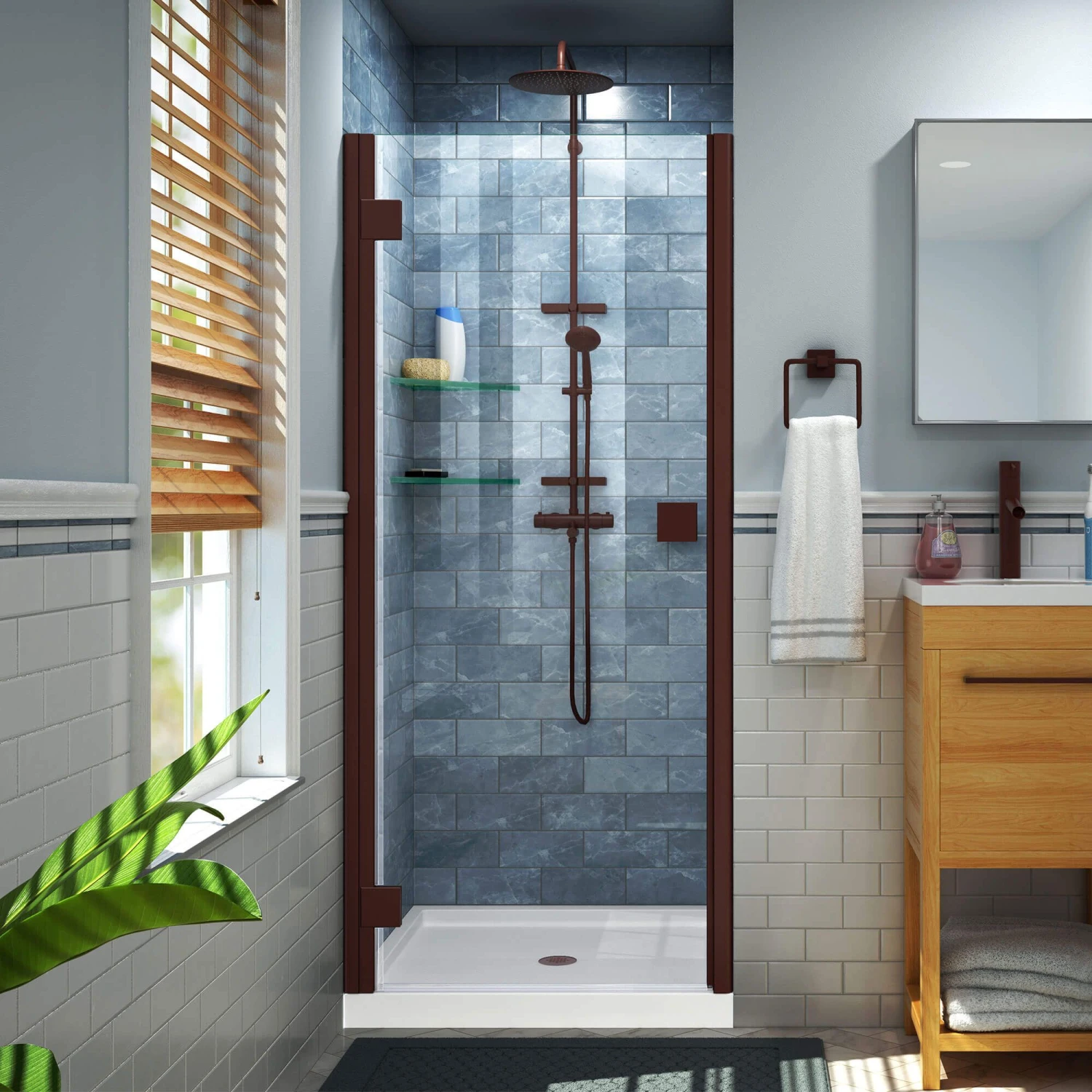 DreamLine Lumen 42 Inch D X 42 Inch W By 74-3/4 Inch H Hinged Shower Door With Center Drain Shower Base - Image 5