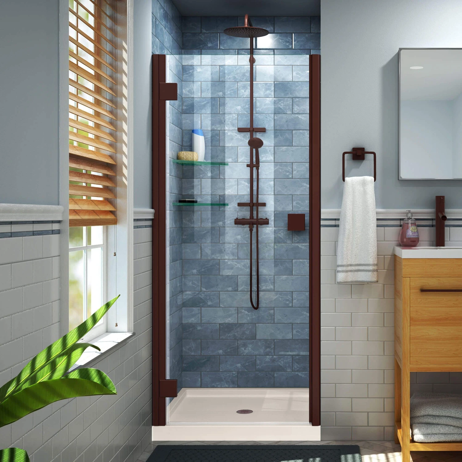 DreamLine Lumen 42 Inch D X 42 Inch W By 74-3/4 Inch H Hinged Shower Door With Center Drain Shower Base - Image 9