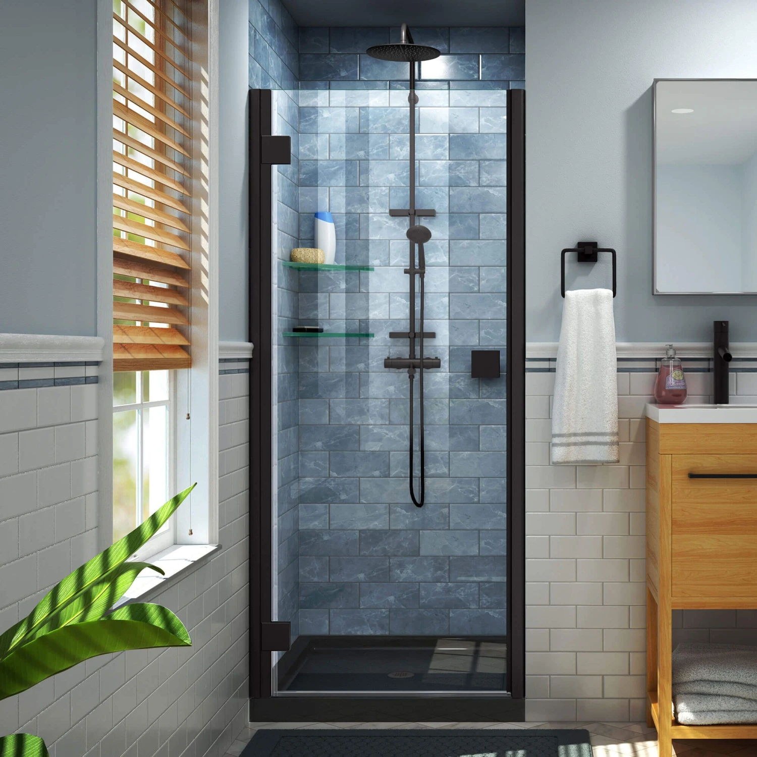 DreamLine Lumen 42 Inch D X 42 Inch W By 74-3/4 Inch H Hinged Shower Door With Center Drain Shower Base