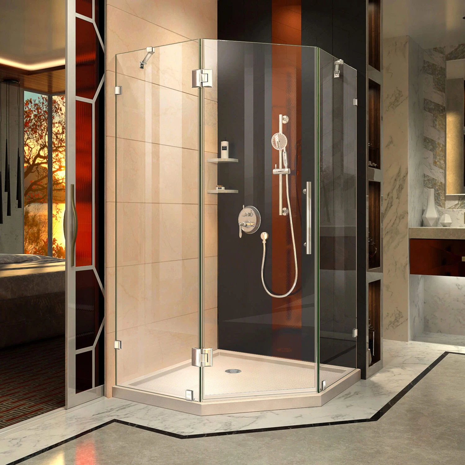 DreamLine Prism Lux 40 Inch X 74-3/4 Inch Fully Frameless Neo-Angle Shower Enclosure With Corner Drain Shower Base - Image 7
