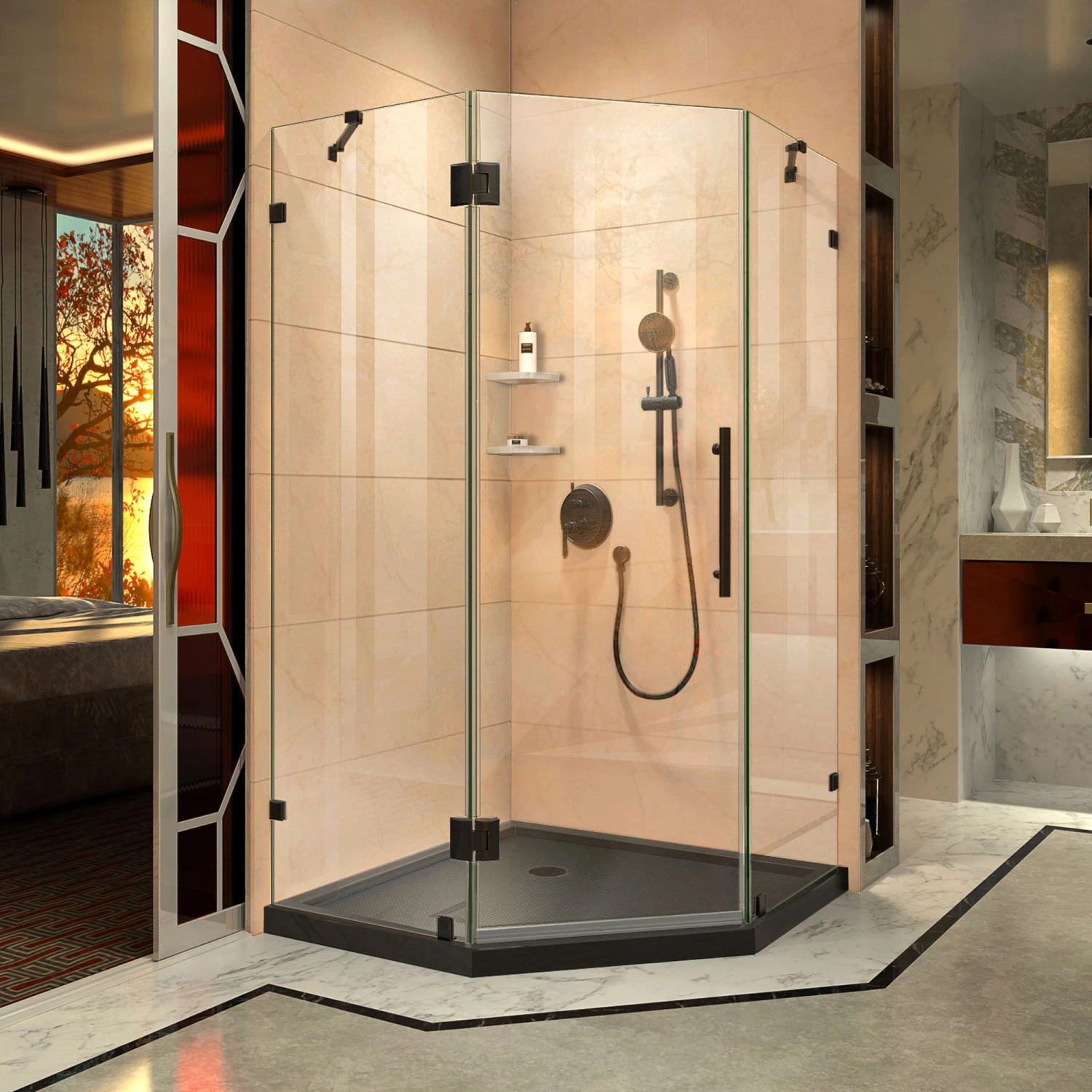 DreamLine Prism Lux 40 Inch X 74-3/4 Inch Fully Frameless Neo-Angle Shower Enclosure With Corner Drain Shower Base