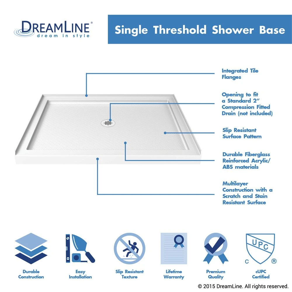 DreamLine 32 Inch D X 48 Inch W X 76-3/4 Inch H Center Drain Acrylic Shower Base And QWALL 5 Backwall Kit In White - Image 6