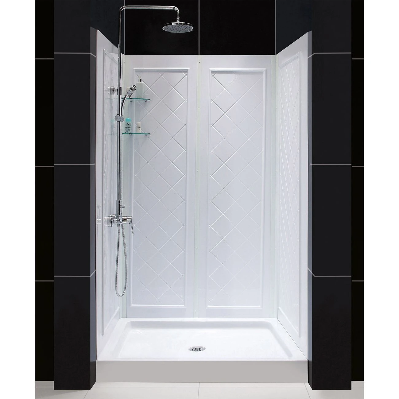 DreamLine 32 Inch D X 48 Inch W X 76-3/4 Inch H Center Drain Acrylic Shower Base And QWALL 5 Backwall Kit In White