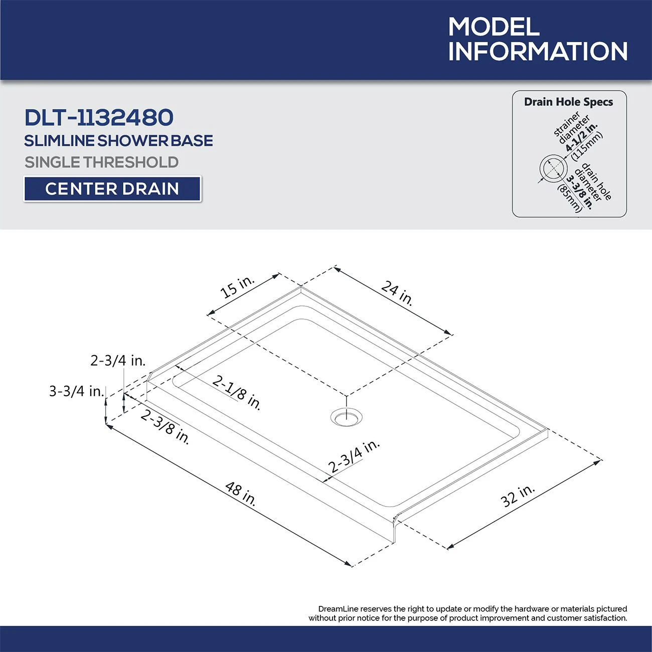 DreamLine 32 Inch D X 48 Inch W X 76-3/4 Inch H Center Drain Acrylic Shower Base And QWALL 5 Backwall Kit In White - Image 5