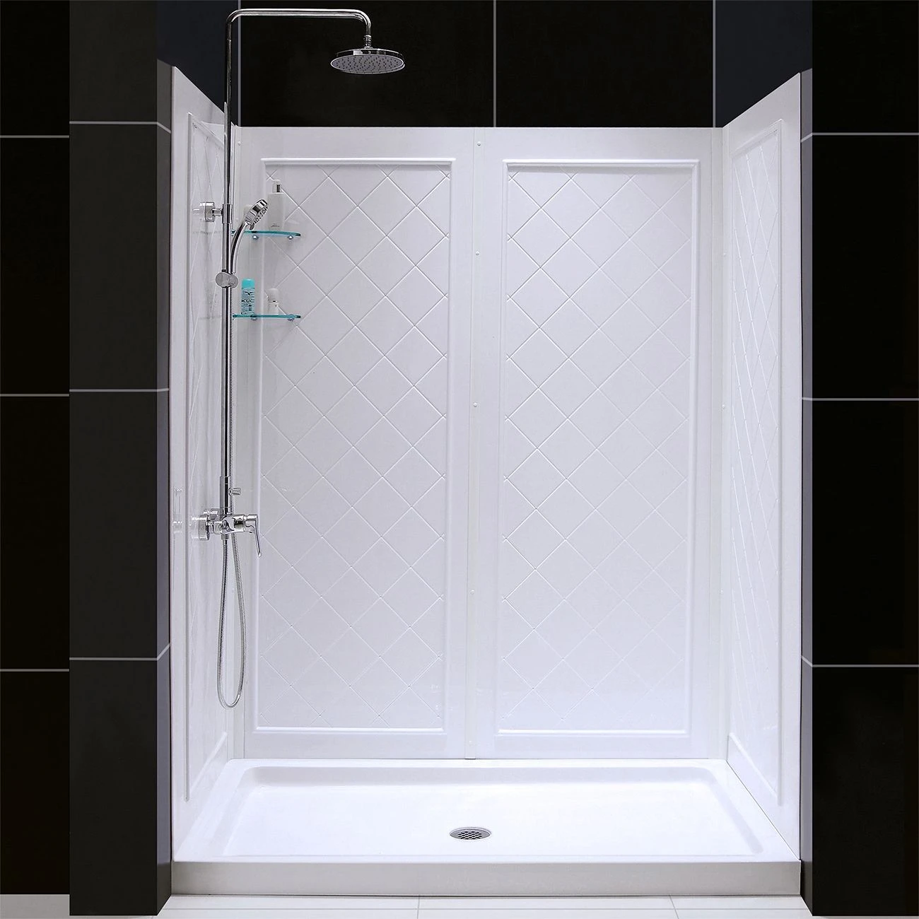 DreamLine 32 Inch D X 60 Inch W X 76-3/4 Inch H Right Drain Acrylic Shower Base And QWALL 5 Backwall Kit