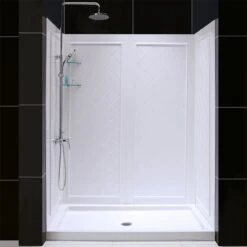 DreamLine 34 Inch D X 60 Inch W X 76-3/4 Inch H Center Drain Acrylic Shower Base And QWALL 5 Backwall Kit