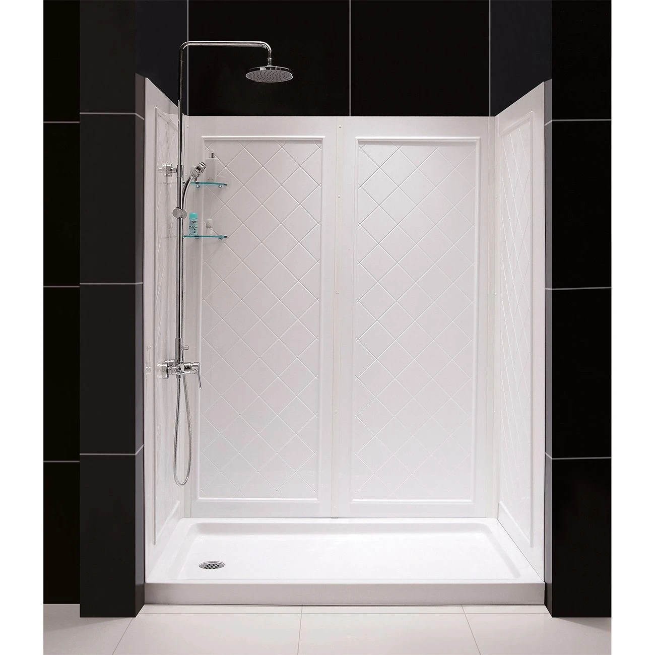 DreamLine 34 Inch D X 60 Inch W X 76-3/4 Inch H Center Drain Acrylic Shower Base And QWALL 5 Backwall Kit - Image 3