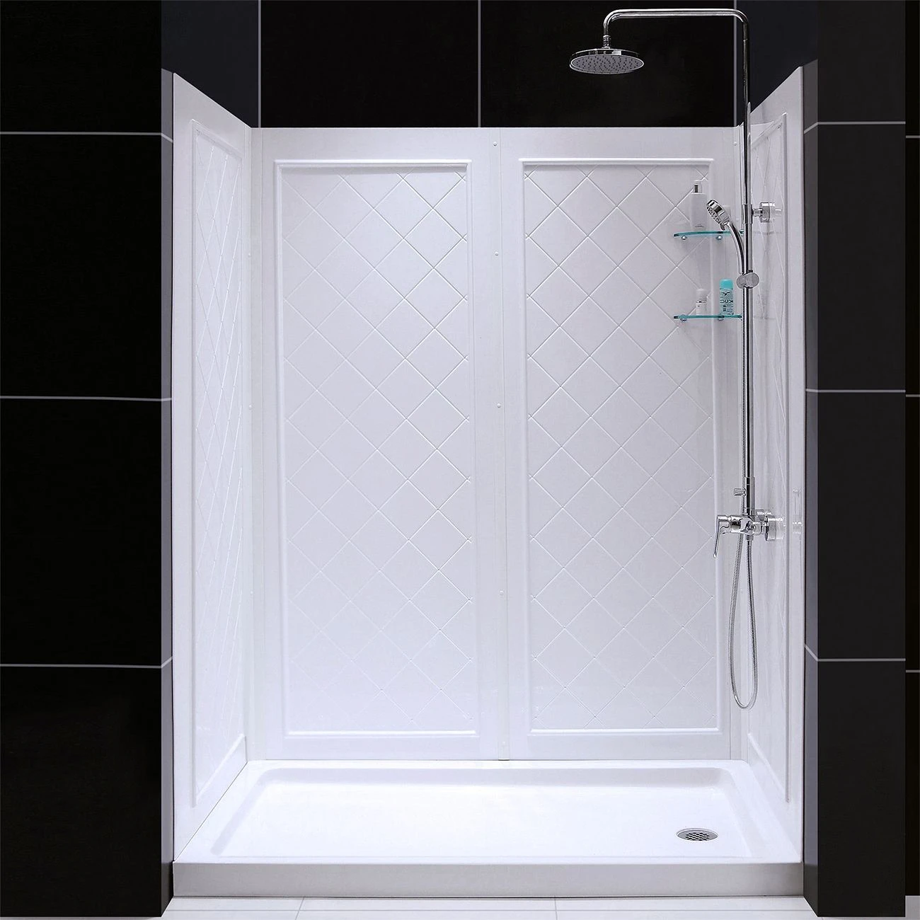 DreamLine 34 Inch D X 60 Inch W X 76-3/4 Inch H Center Drain Acrylic Shower Base And QWALL 5 Backwall Kit - Image 2