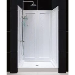 DreamLine 36 Inch D X 48 Inch W X 76-3/4 Inch H Center Drain Acrylic Shower Base And QWALL 5 Backwall Kit In White