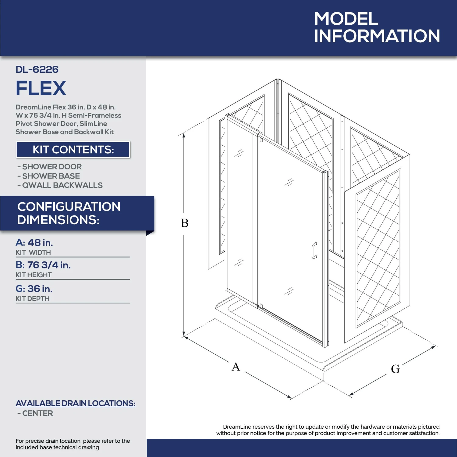 DreamLine Flex 36 Inch D X 48 Inch W X 76-3/4 Inch H Semi-Frameless Shower Door With Center Drain Shower Base And Back Wall - Image 19