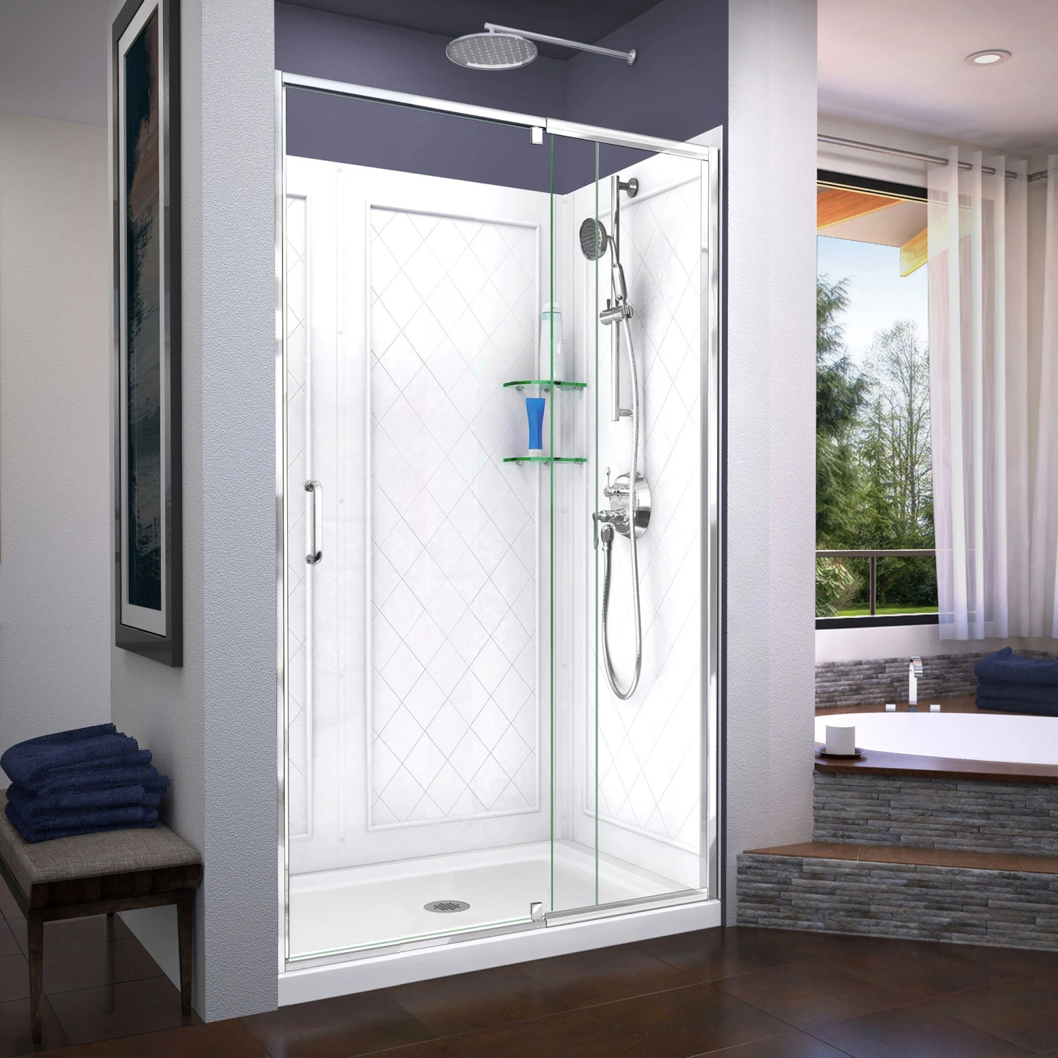 DreamLine Flex 36 Inch D X 48 Inch W X 76-3/4 Inch H Semi-Frameless Shower Door With Center Drain Shower Base And Back Wall