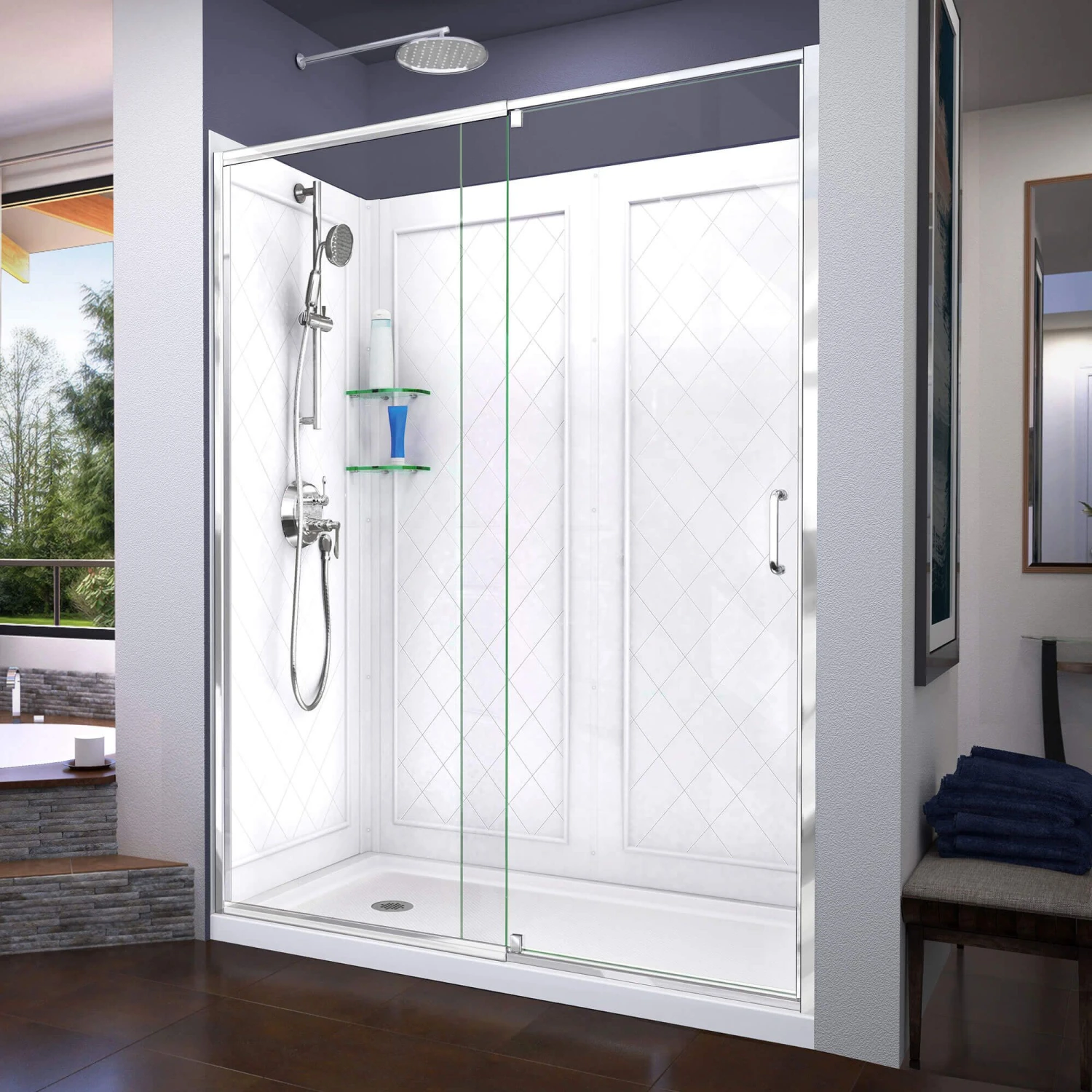 DreamLine Flex 36 Inch D X 60 Inch W X 76-3/4 Inch H Semi-Frameless Shower Door With Center Drain Shower Base And Back Wall - Image 6