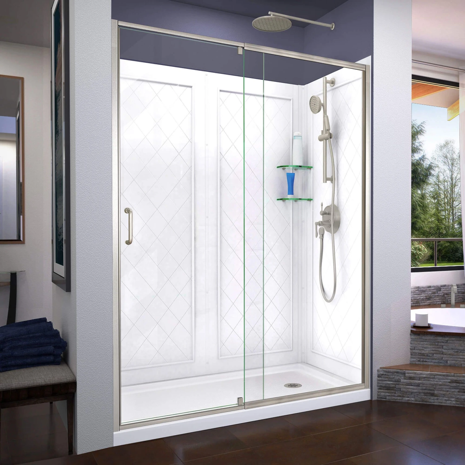 DreamLine Flex 36 Inch D X 60 Inch W X 76-3/4 Inch H Semi-Frameless Shower Door With Center Drain Shower Base And Back Wall - Image 8