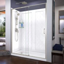 DreamLine Flex 36 Inch D X 60 Inch W X 76-3/4 Inch H Semi-Frameless Shower Door With Center Drain Shower Base And Back Wall