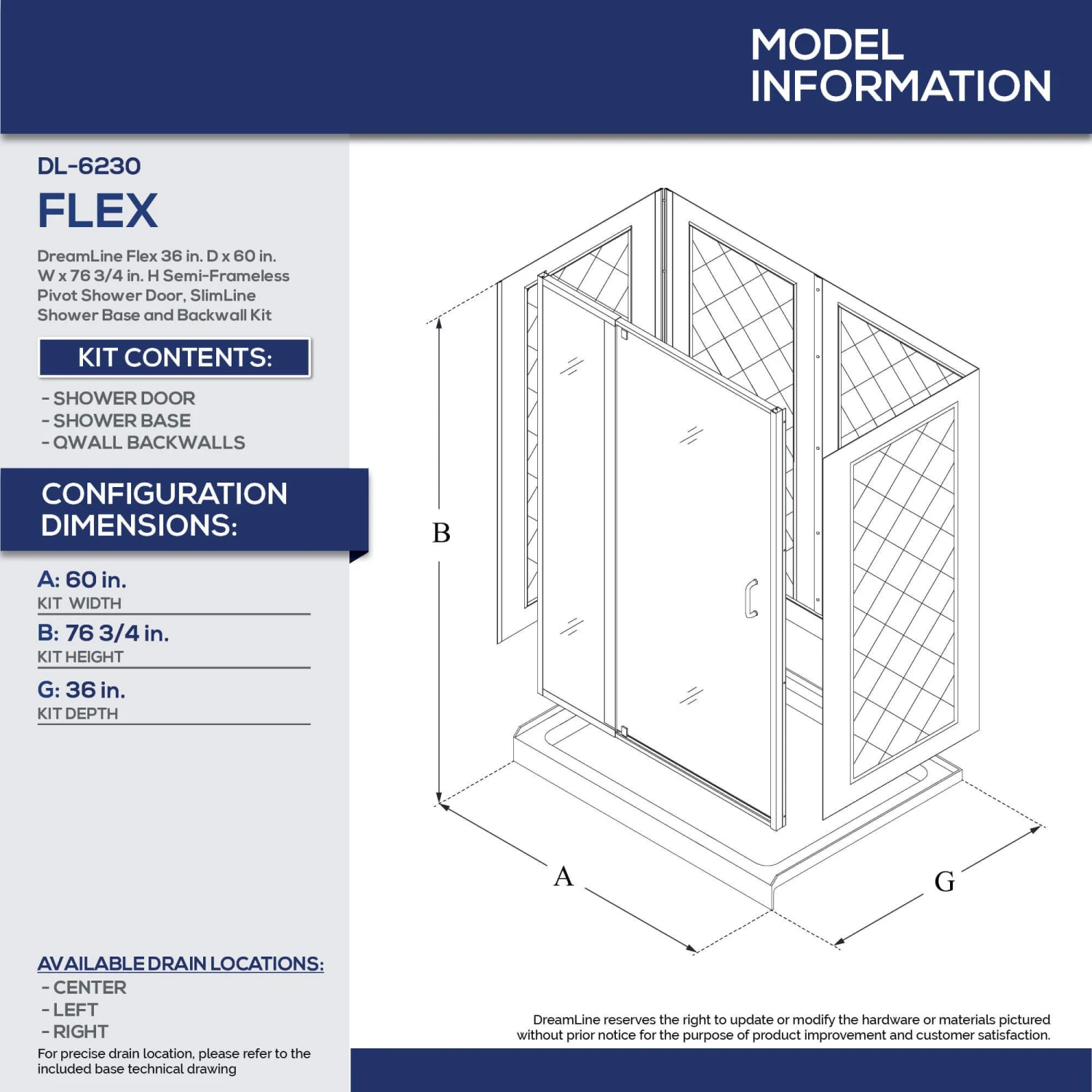 DreamLine Flex 36 Inch D X 60 Inch W X 76-3/4 Inch H Semi-Frameless Shower Door With Center Drain Shower Base And Back Wall - Image 18