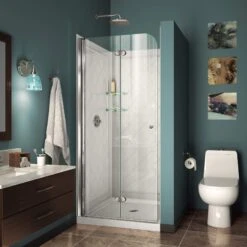 DreamLine Aqua Fold 32 Inch D X 32 Inch W X 76-3/4 Inch H Frameless Bi Fold Shower Door In Chrome With White Base And Backwall Kit