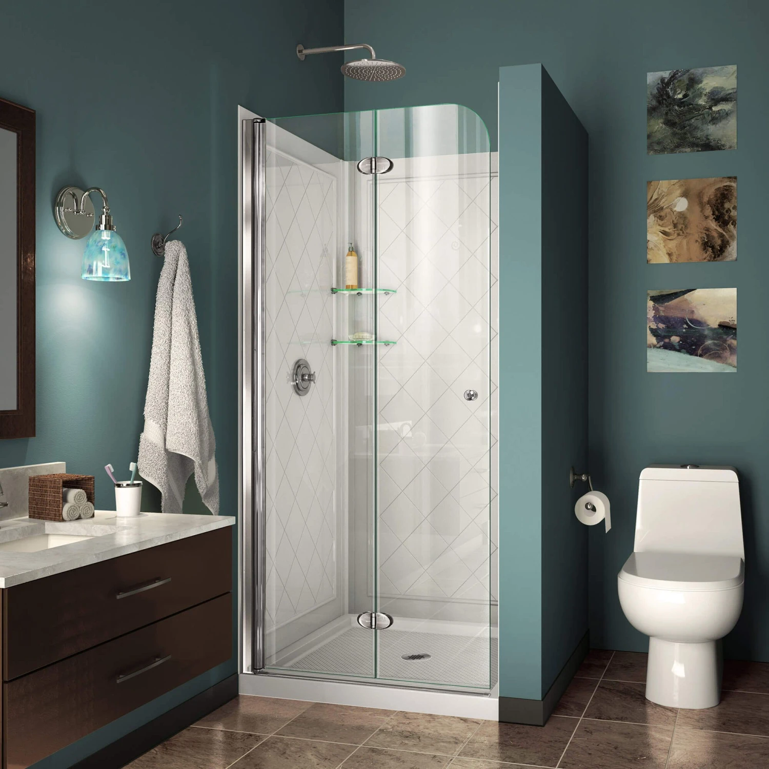 DreamLine Aqua Fold 32 Inch D X 32 Inch W X 76-3/4 Inch H Frameless Bi Fold Shower Door In Chrome With White Base And Backwall Kit