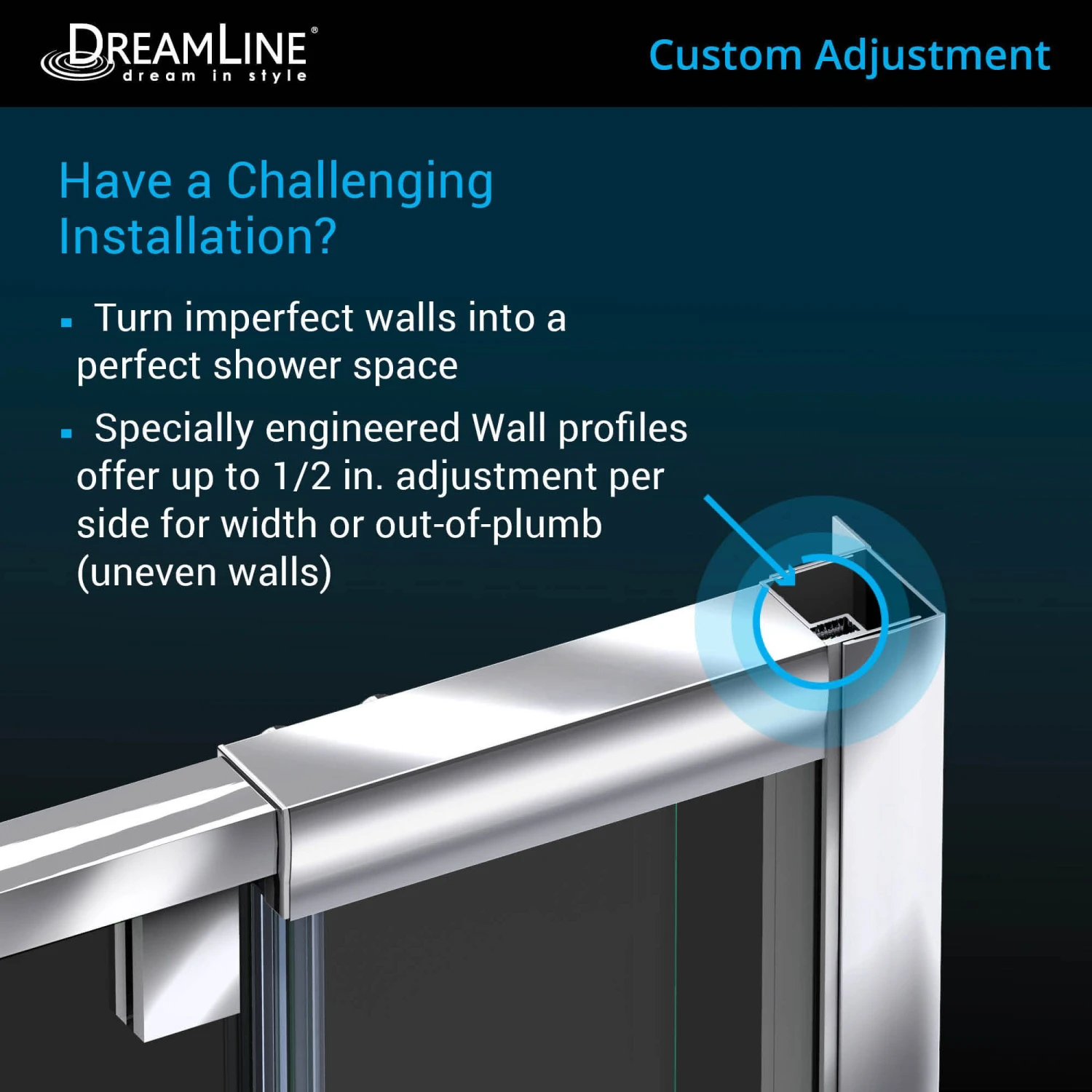 DreamLine Flex 34-1/2 Inch D X 56-60 Inch W X 72 Inch H Semi-Frameless Pivot Shower Enclosure - Image 5