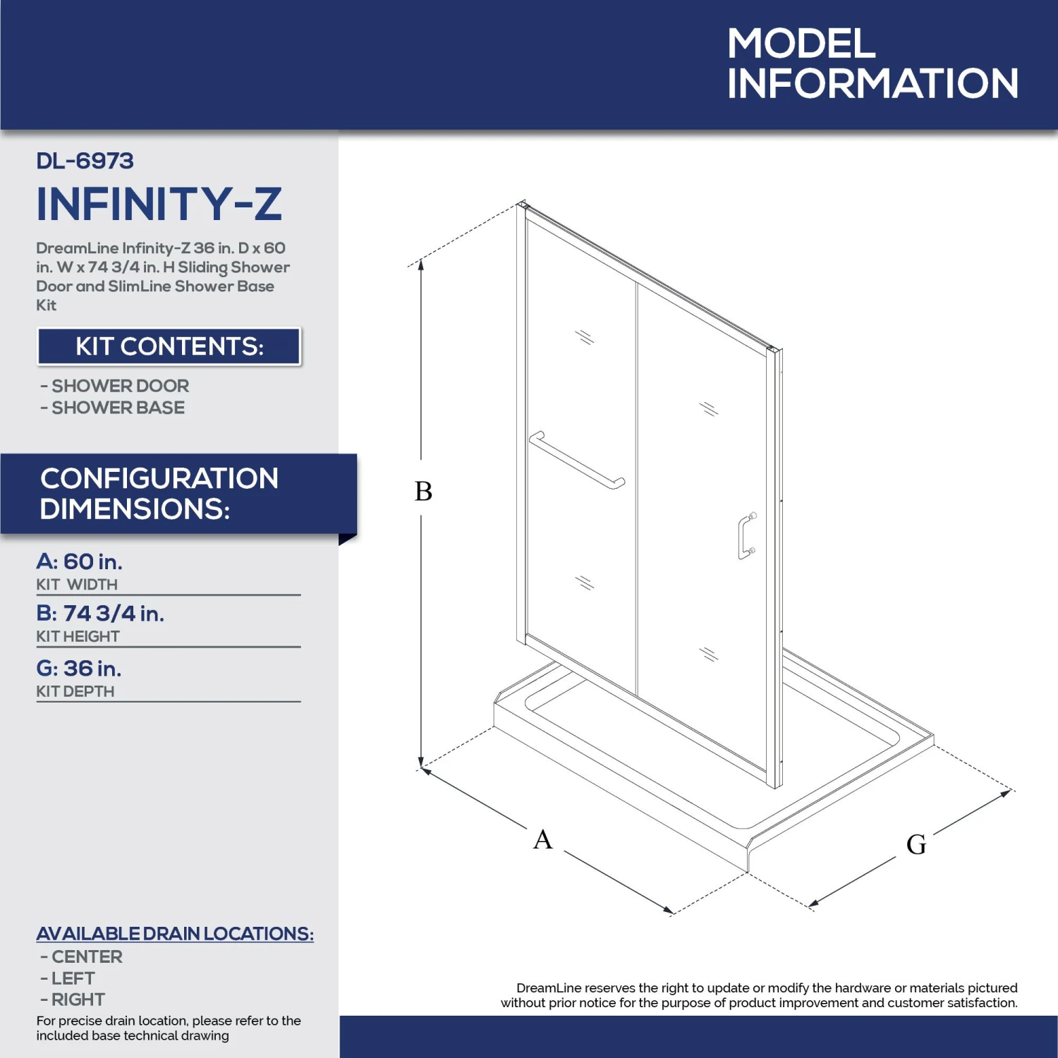 DreamLine Infinity-Z 36 Inch D X 60 Inch W X 74-3/4 Inch H Clear Sliding Shower Door With Center Drain Shower Base - Image 14