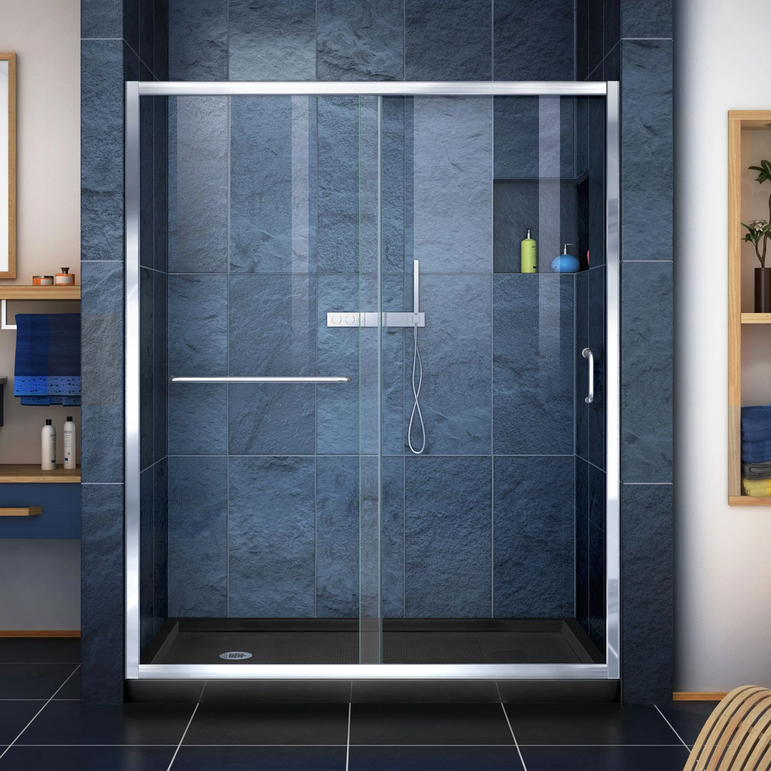DreamLine Infinity-Z 36 Inch D X 60 Inch W X 74-3/4 Inch H Clear Sliding Shower Door With Center Drain Shower Base