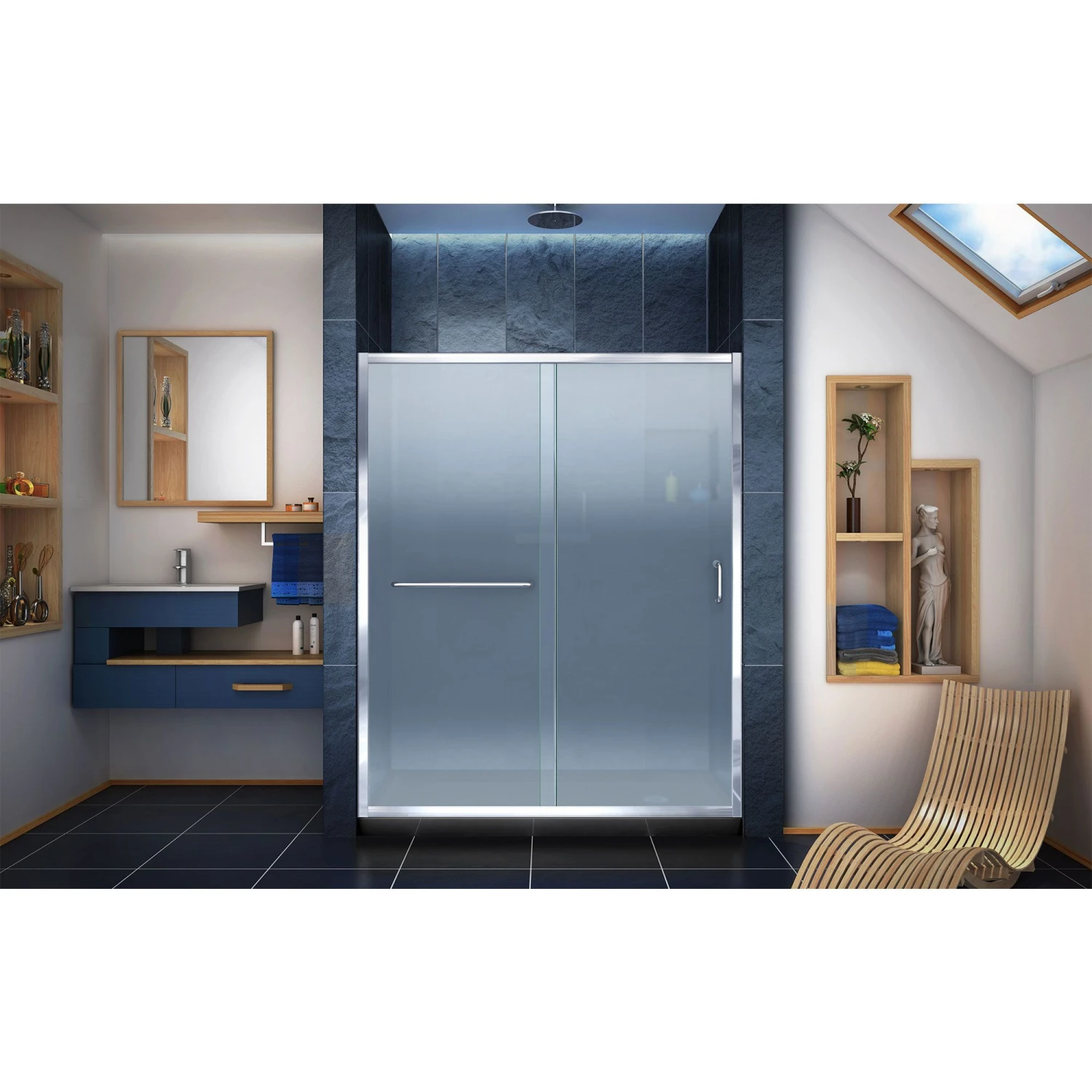 DreamLine Infinity-Z 32 Inch D X 60 Inch W X 74-3/4 Inch H Frosted Sliding Shower Door With Center Drain Shower Base - Image 5