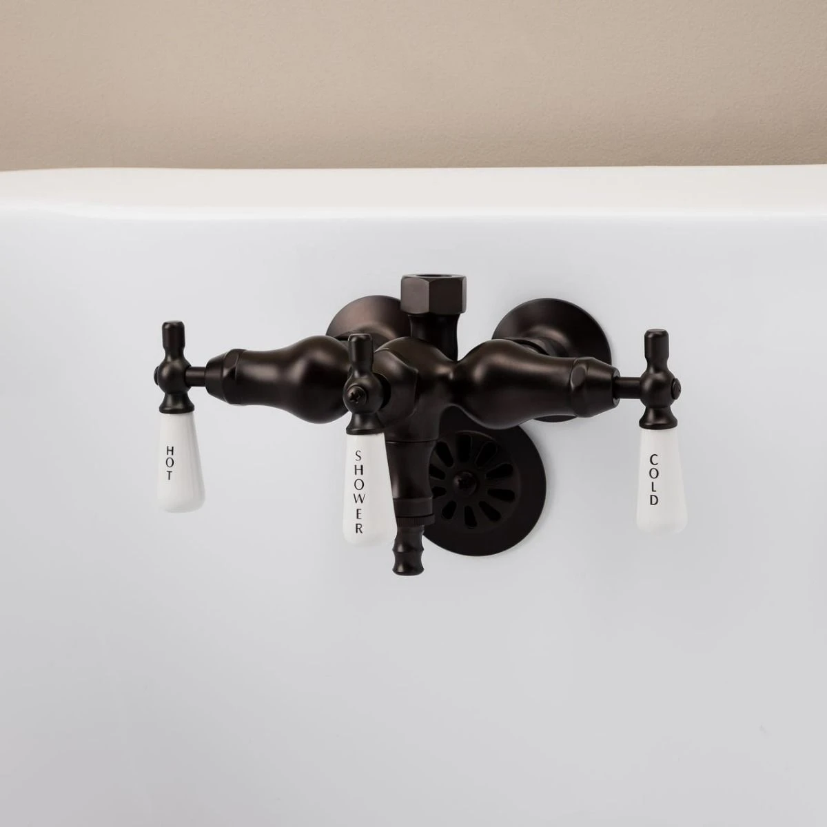 Clawfoot Tub Wall Mount Downspout Faucet With Porcelain Lever Handles For Riser Connection - Image 3