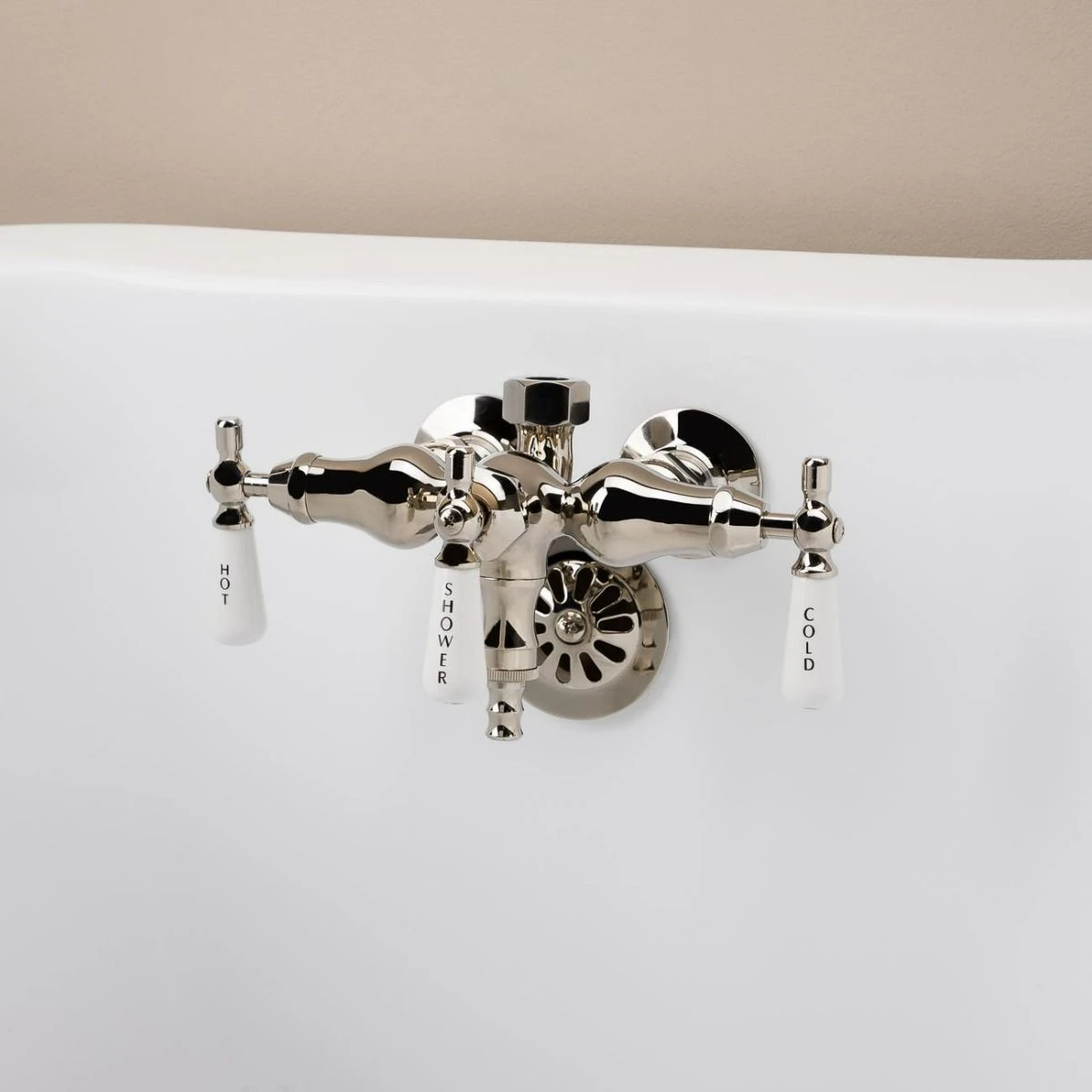 Clawfoot Tub Wall Mount Downspout Faucet With Porcelain Lever Handles For Riser Connection - Image 5
