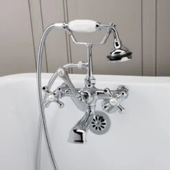 Low Spout British Telephone Clawfoot Faucet With Handshower & Metal Cross Handles