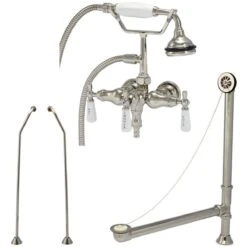 Clawfoot Tub Wall Mount Downspout Faucet With Handshower - Tub Drain And Supply Lines Complete Set