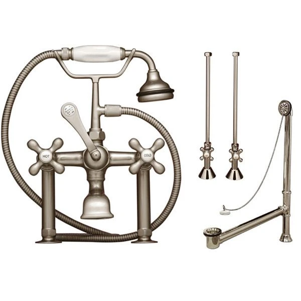 Clawfoot Tub Rim Mount English Telephone Faucet With Handshower - Drain And Supply Lines Complete Set