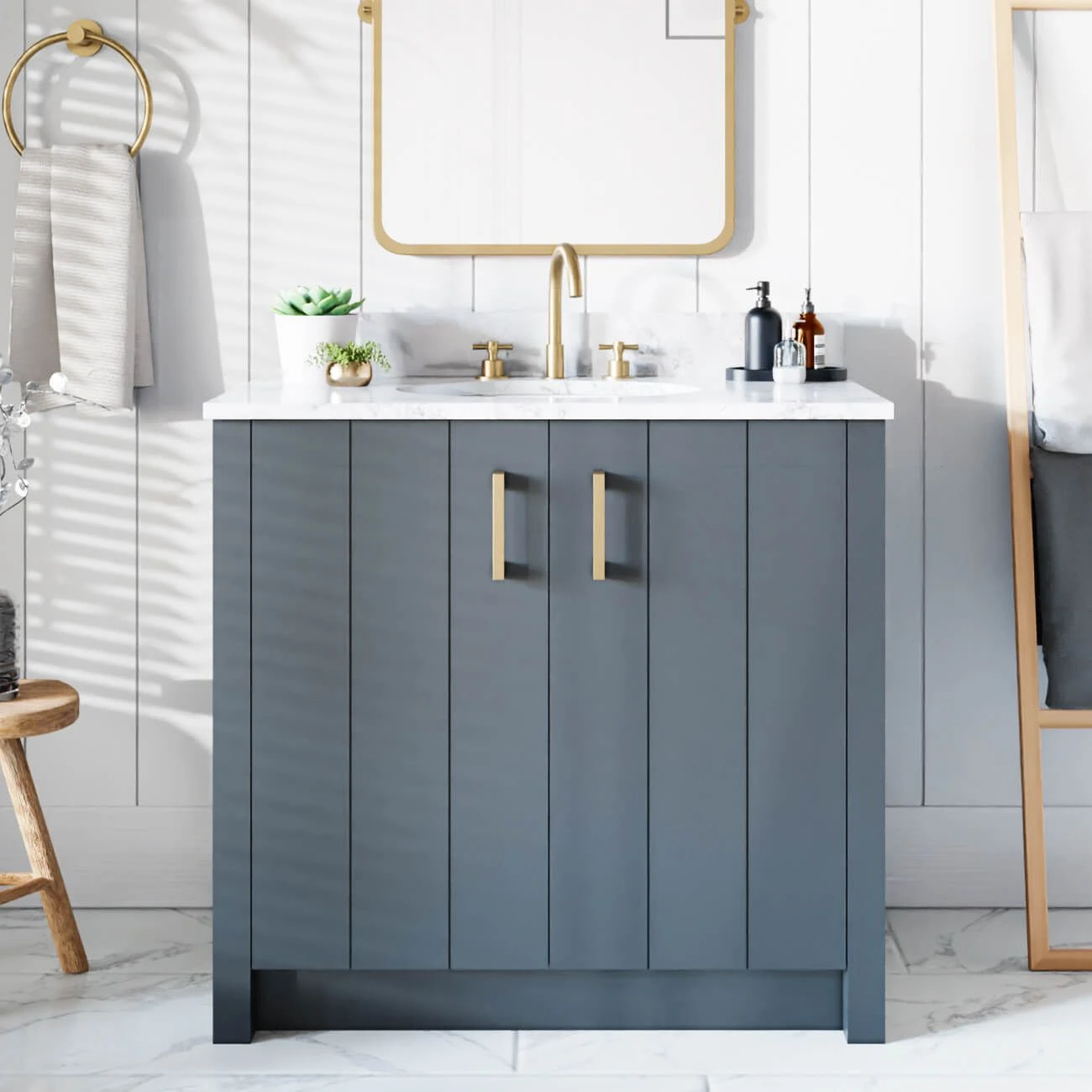 Cora 36 Inch Solid Oak Bathroom Vanity With Oval Undermount Sink - Navy