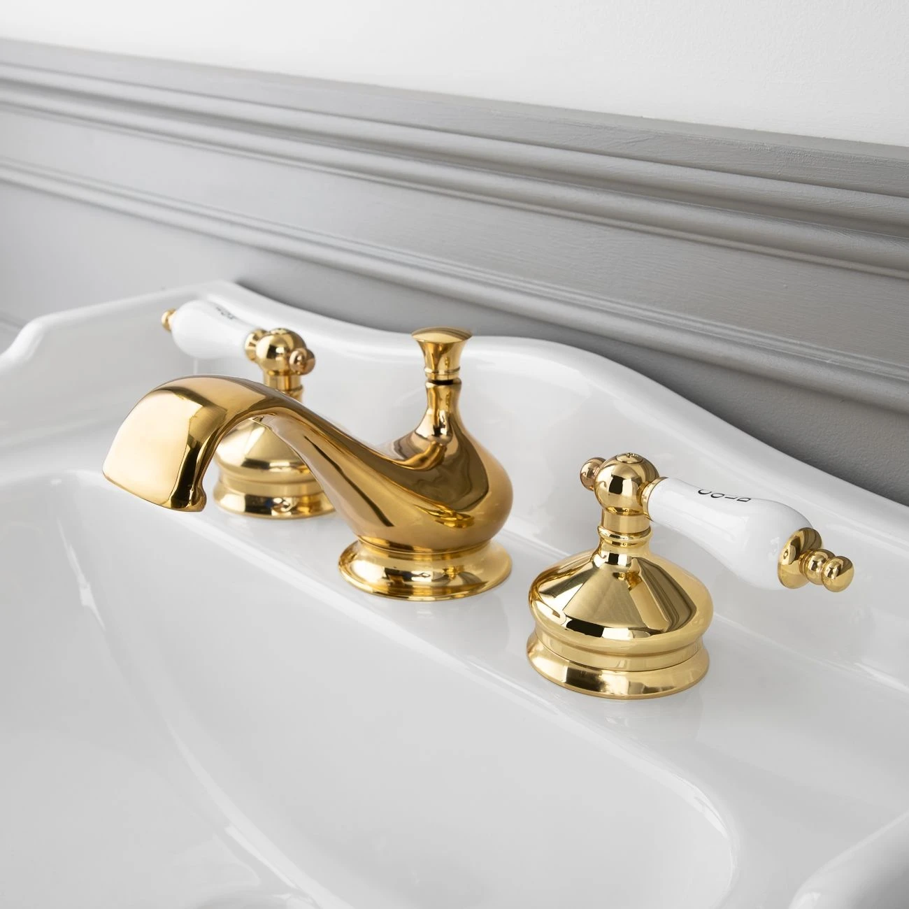 Widespread Bathroom Sink Faucet - Porcelain Lever Handles - Image 10