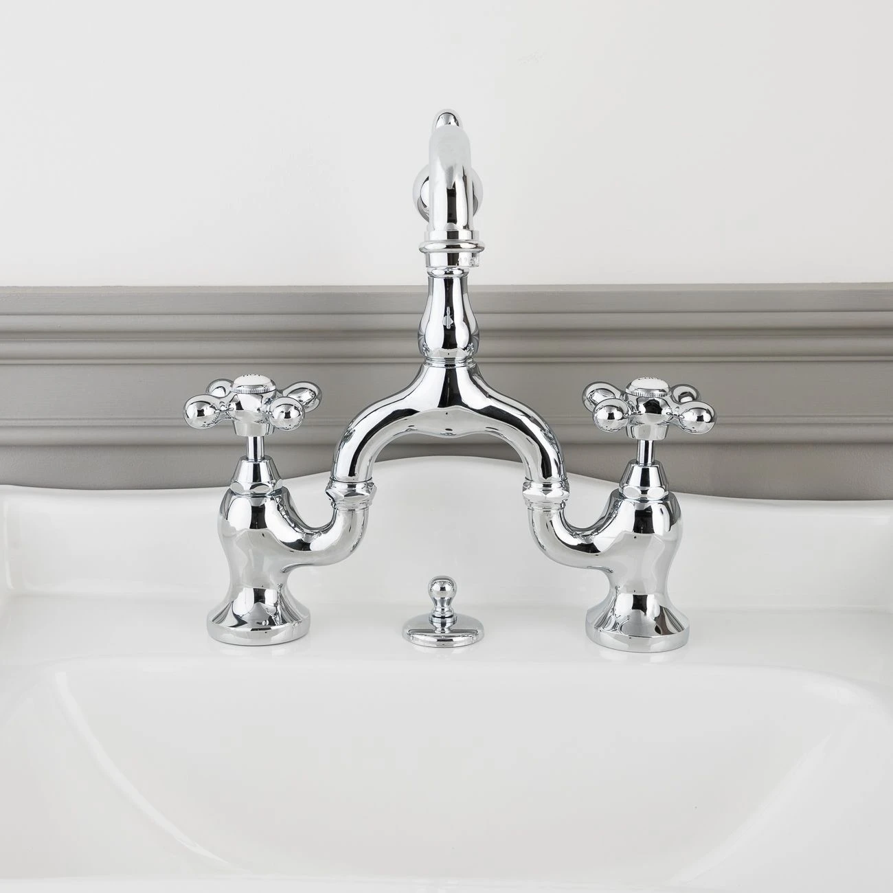 High Spout Bridge Style Sink Faucet - Metal Cross Handles - Image 2