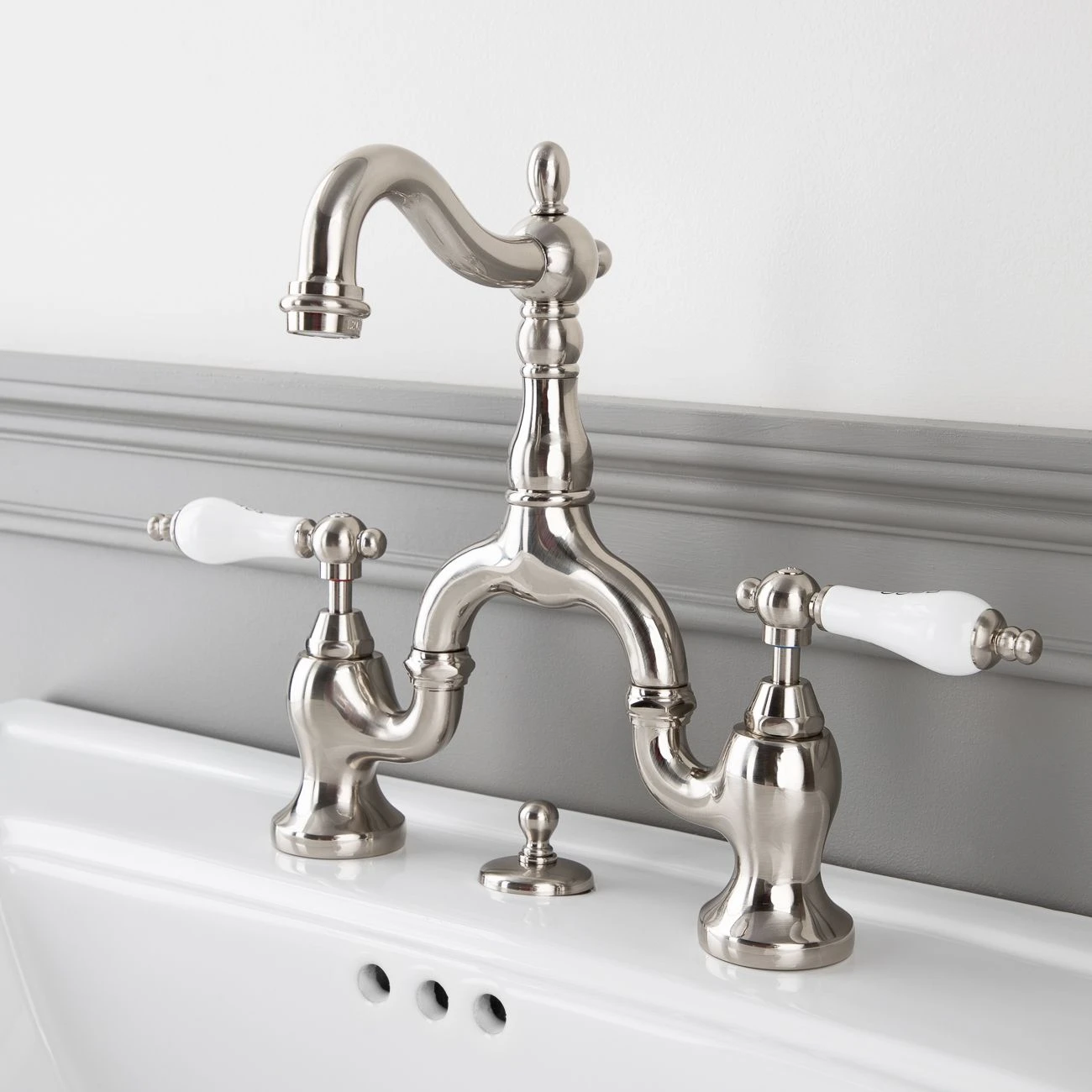 High Spout 8 Inch Bridge Lavatory Faucet - Porcelain Lever Handles - Image 3