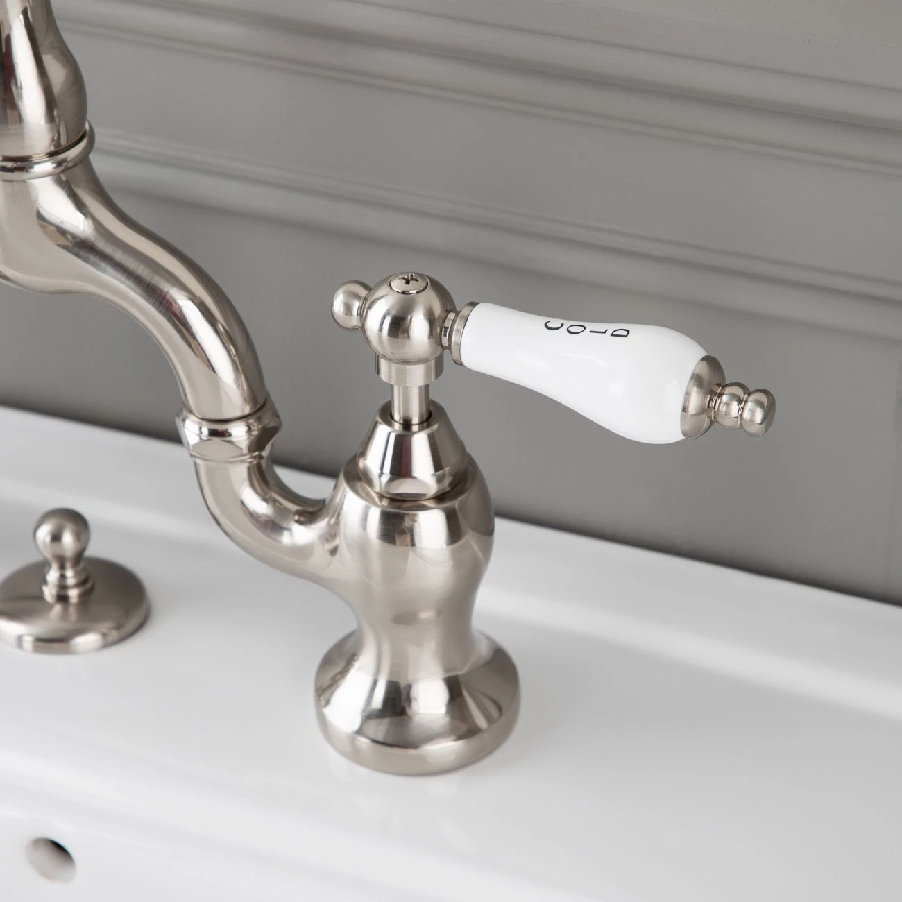 High Spout 8 Inch Bridge Lavatory Faucet - Porcelain Lever Handles - Image 5