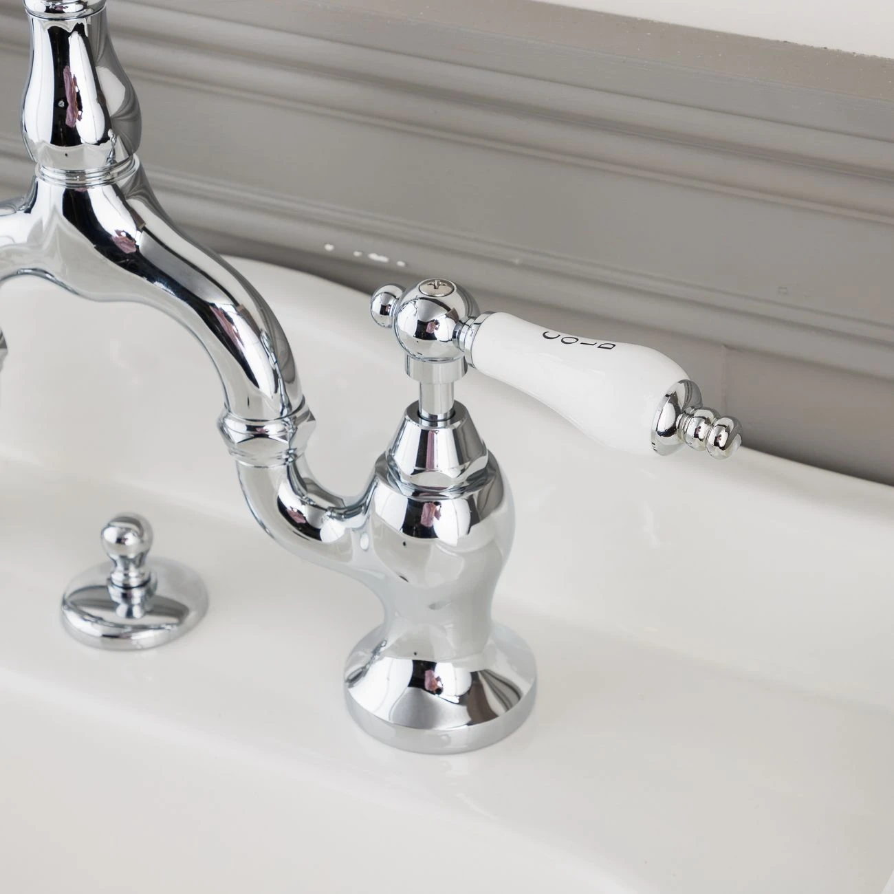 High Spout 8 Inch Bridge Lavatory Faucet - Porcelain Lever Handles - Image 2