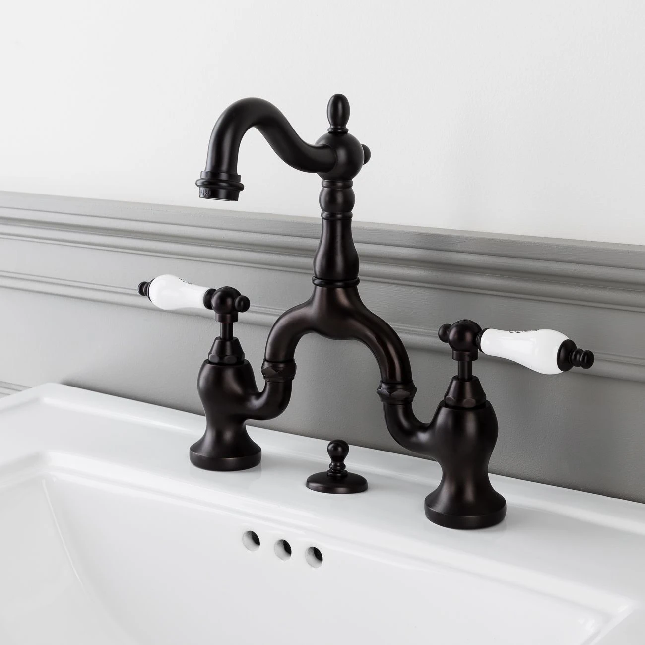 High Spout 8 Inch Bridge Lavatory Faucet - Porcelain Lever Handles - Image 6