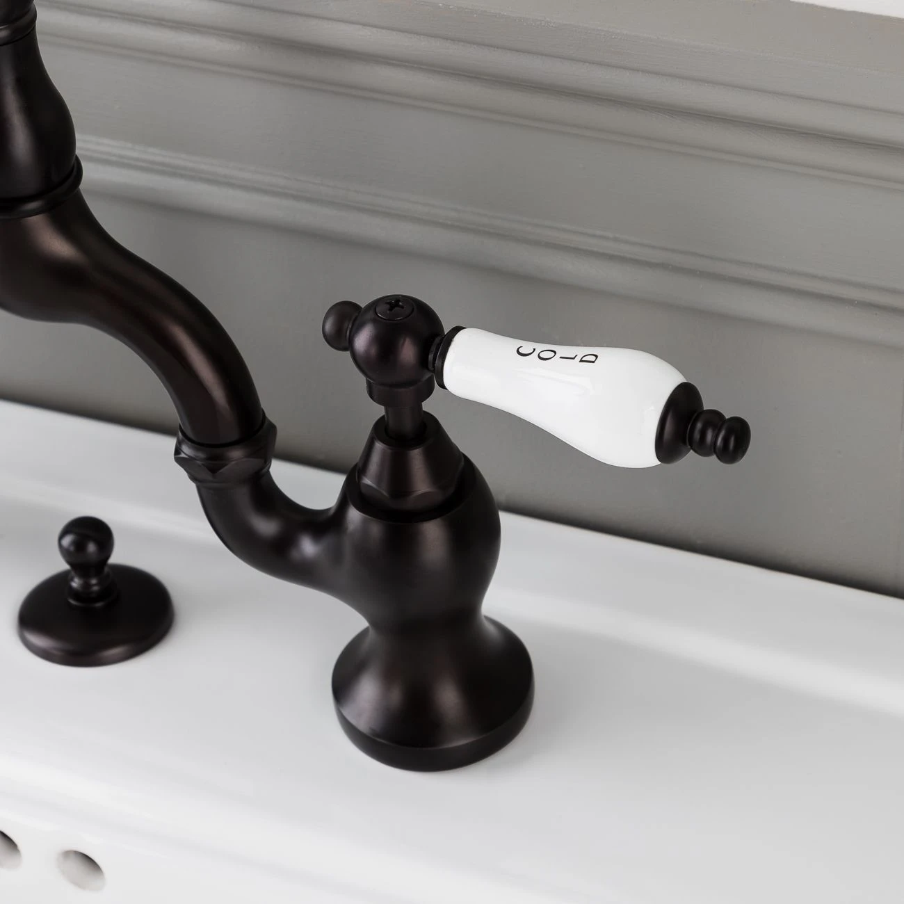 High Spout 8 Inch Bridge Lavatory Faucet - Porcelain Lever Handles - Image 8