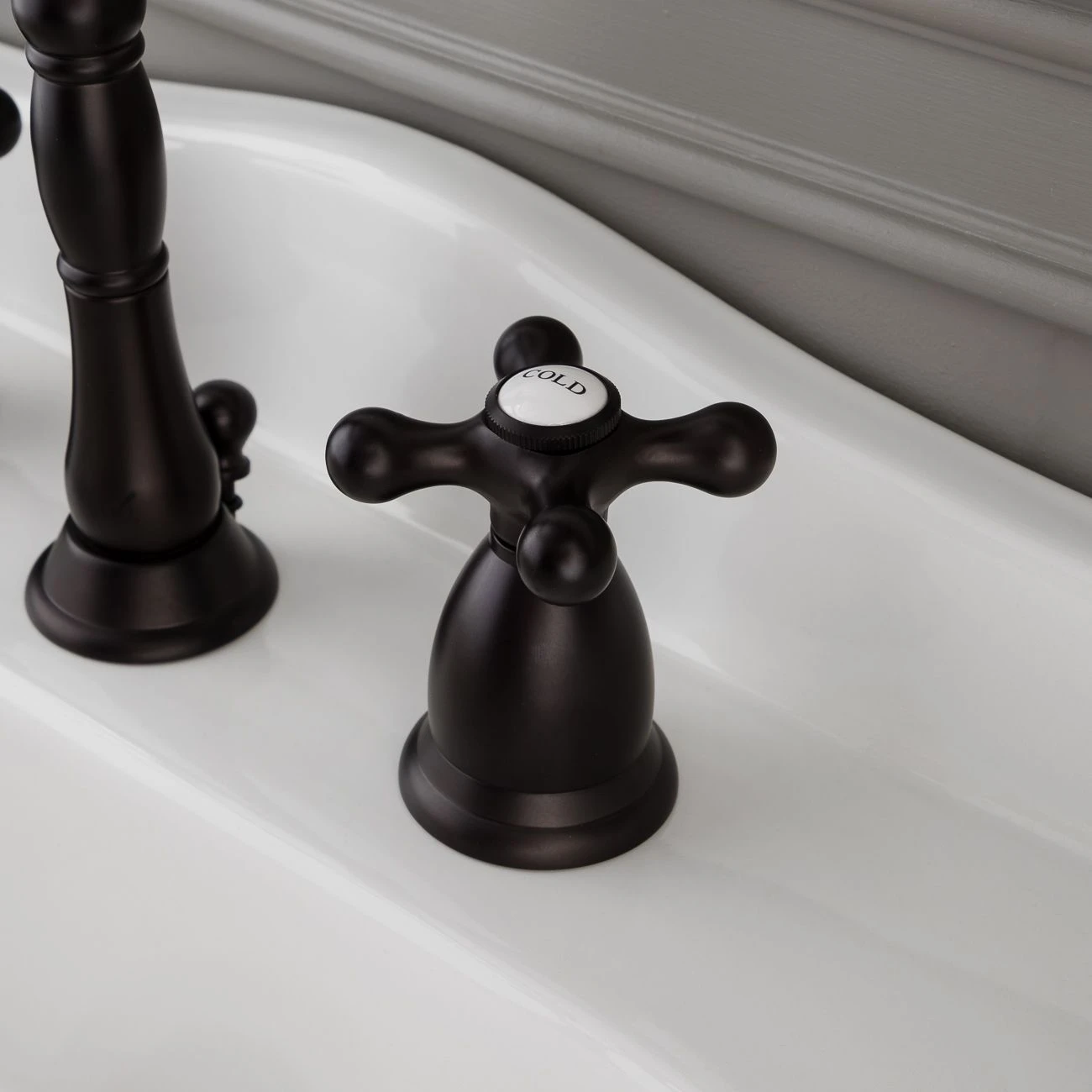 Victorian Widespread Bathroom Sink Faucet - Metal Cross Handles - Image 9