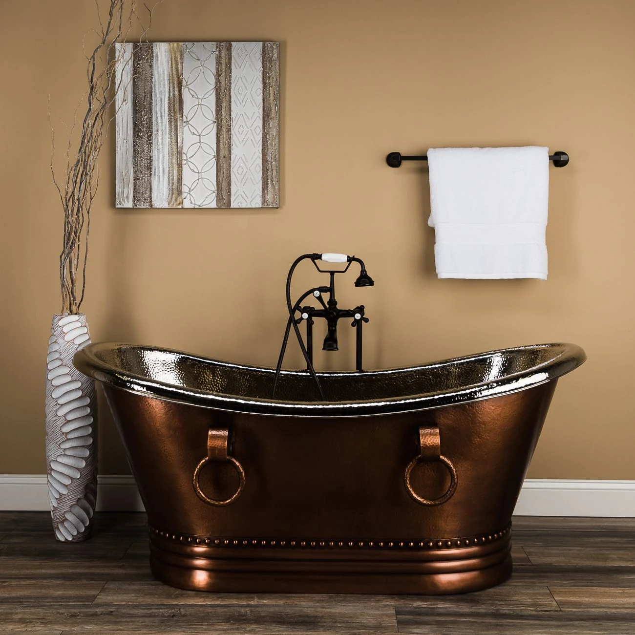 Shea 62 Inch Copper Freestanding Double Slipper Bathtub - Medium Copper / Satin Nickel
