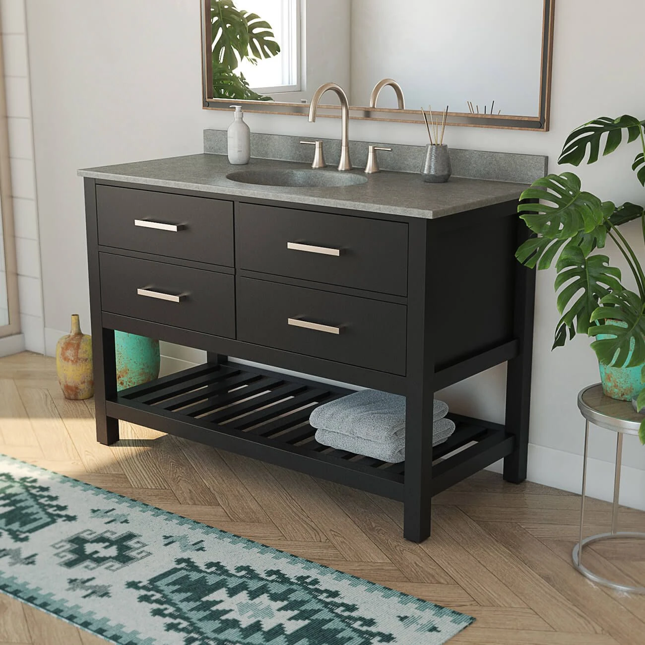 Everett 48 Inch Oak Console Vanity With Oval Integral Sink - Black - Image 5